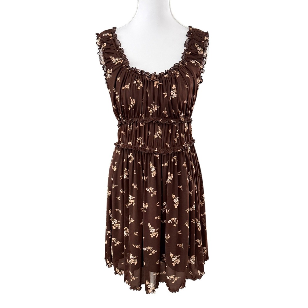 Kirious Floral Ruffle Smocked Mini Dress M Brown Cottagecore Coquette